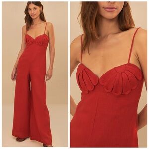FARM Rio NWT Red Petals Cup Linen Jumpsuit size Small Appliqué Flower